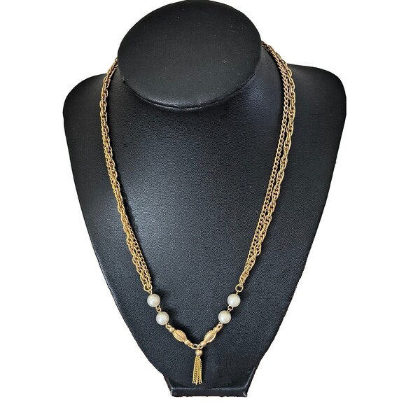 60s 70s Vintage Faux Pearl Gold Tone Tassel Necklace - Picture 2 of 4